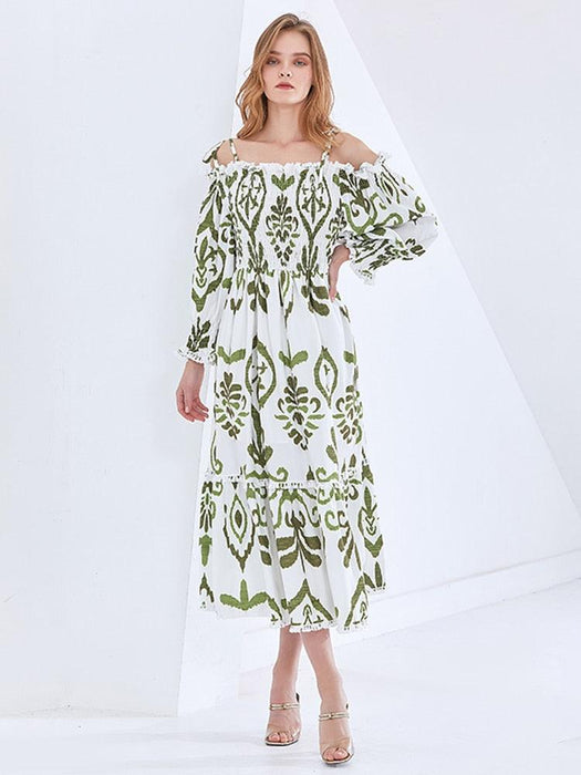 Contemporary Elegance with Retro Print Off-Shoulder Dress