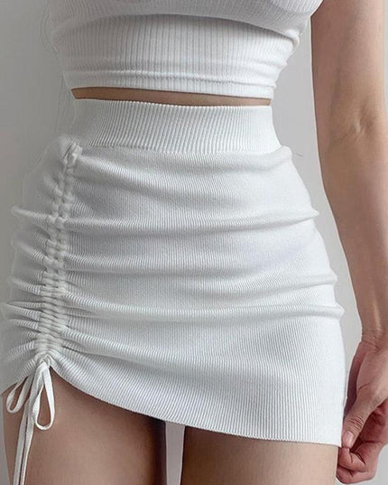 Chic White High Waist Stretch Mini Skirt with Drawstring Detail
