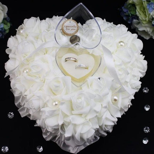 Exquisite Ivory Satin Ring Holder Pillow with Crystal Accents for a Dreamy Wedding Ceremony