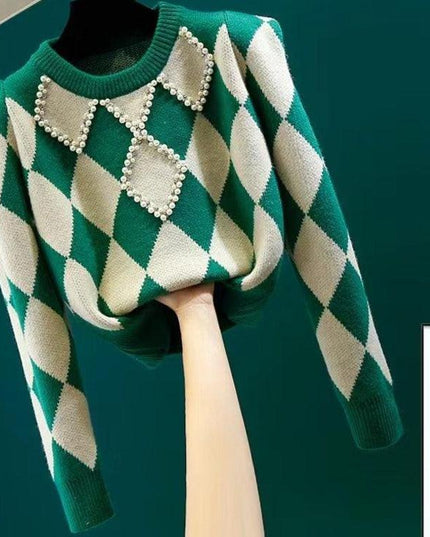 Korean Chic Diamond-Embellished Autumn Sweater