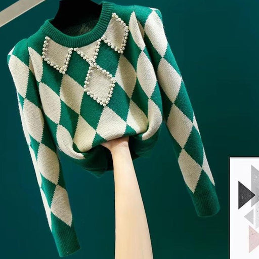 Chic Beaded Diamond Pullover Sweater | Autumn Korean Fashion