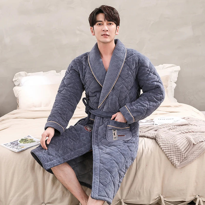 Winter Warmth Men's Quilted Flannel Kimono Bathrobe - Luxurious Long Robe for Cozy Evenings