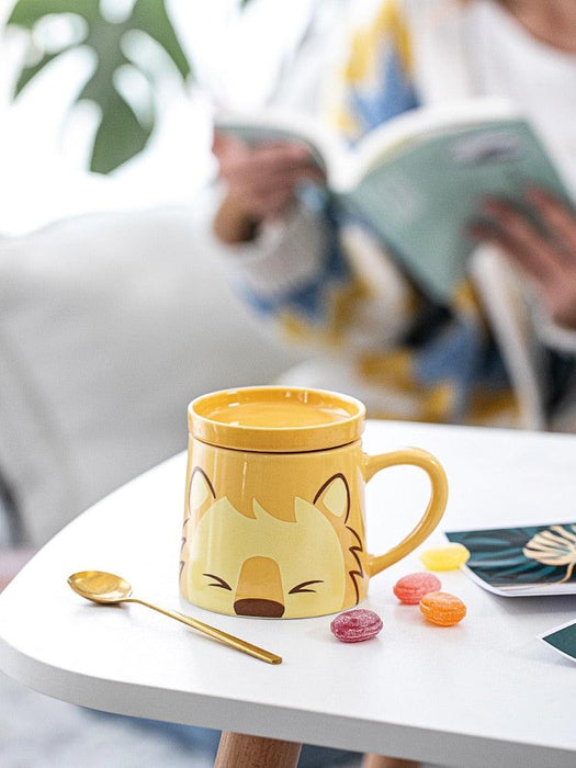 Chic Cartoon Cat Ceramic Mug Set with Spoon and Lid