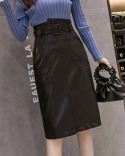 Elegant High-Waisted Faux Leather Midi Skirt for Women's Autumn-Winter Collection
