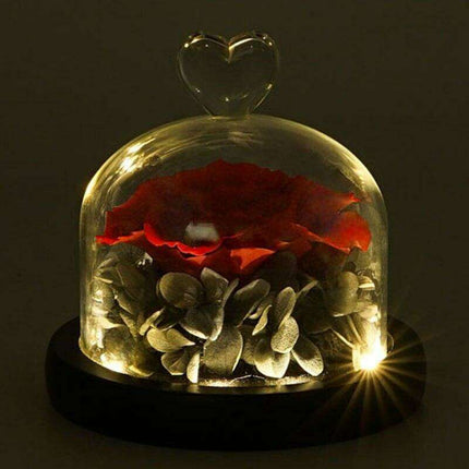 Timeless Romance: Enchanted Heart-Shaped LED Glass Dome with Forever Blooming Rose Arrangement