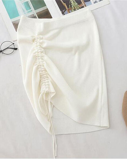 Chic White High Waist Stretch Mini Skirt with Drawstring Detail