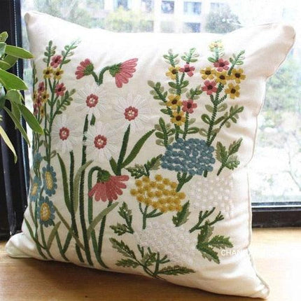 Chic European Garden Floral Embroidered Cotton Cushion Cover - Classic Home Decor Accent