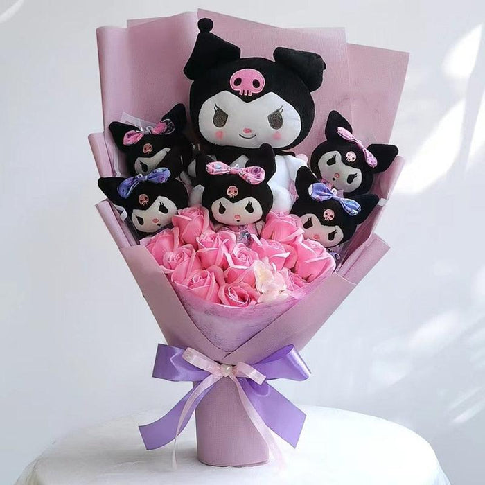 Sanrio Character Plush Bouquet - My Melody, Kuromi, Cinnamoroll & Kt Cat Plush Dolls Bouquet with Gift Box