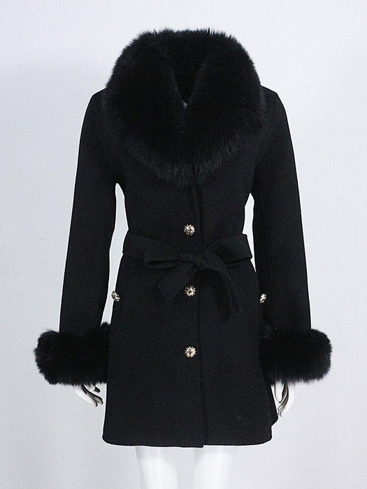 Opulent Wool and Cashmere Blend Coat with Fox Fur Trimming