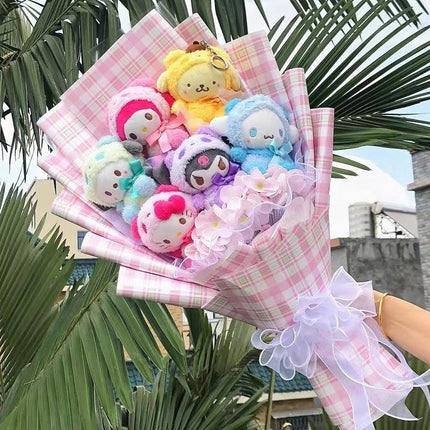 Sanrio Character Plush Doll Bouquet - Cute My Melody, Kuromi, Cinnamoroll & Kt Cat Gift Set