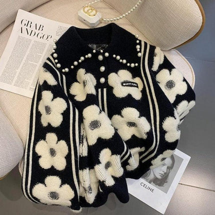 Vintage Pearl-Embellished Knit Pullover - Chic Autumn Sweater for Women