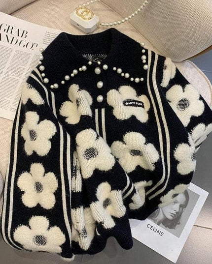 Vintage Pearl-Embellished Knit Pullover - Chic Autumn Sweater for Women