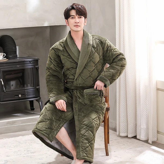 Winter Warmth Men's Quilted Flannel Kimono Bathrobe - Luxurious Long Robe for Cozy Evenings