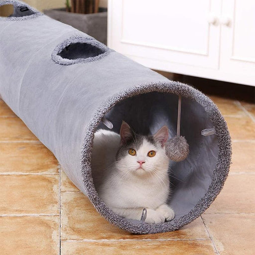 Collapsible Cat Tunnel Kitten Play Tube for Large Cats Dogs Bunnies with Ball Fun Cat Toys 2 Suede Peep Hole Pet Toys with Ball-0-Très Elite-Black-S 67x30cm-Très Elite