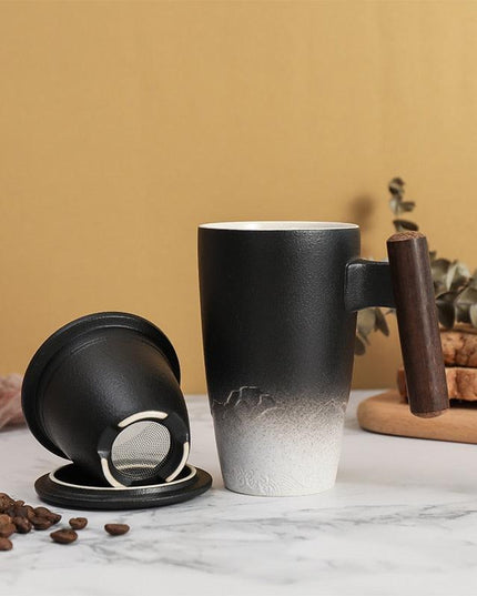 Elegant Zen Ceramic Mug Set with Wooden Handle & Infuser Lid - Ideal for Tea & Coffee Enthusiasts