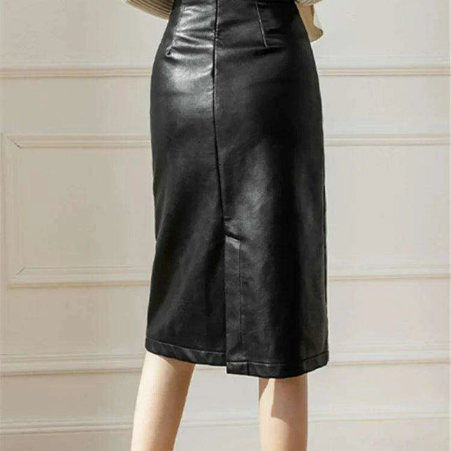 Chic High-Waisted Black Faux Leather Midi Skirt - Luxe Pencil Style
