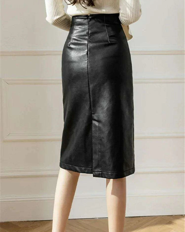 Chic High-Waisted Black Faux Leather Midi Skirt - Luxe Pencil Style