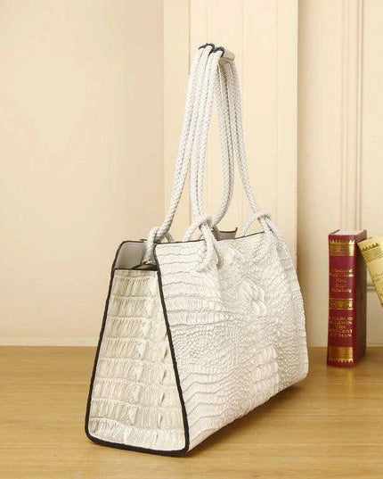 Elegant White Crocodile Textured Leather Tote Bag - Spacious and Stylish Design
