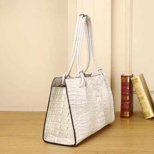 White Crocodile Pattern Leather Tote Bag - Elegant Handbag with Spacious Interior