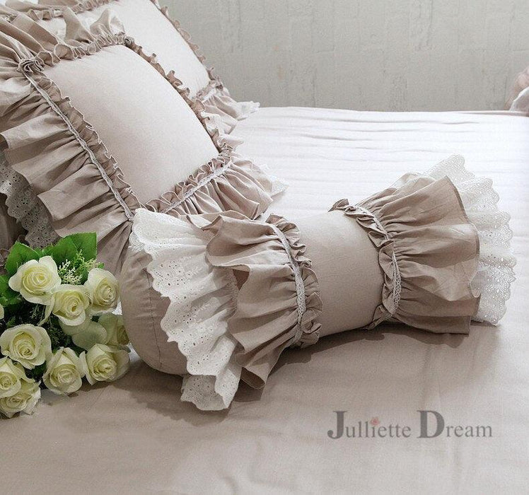 White Lace Ruffle Cushion Set with Intricate Embroidery