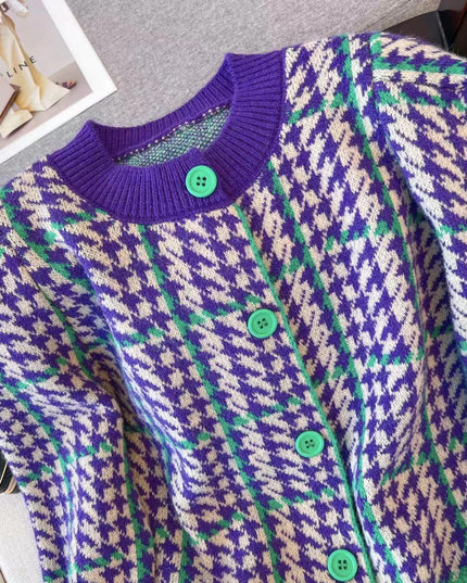 Chic Vintage Houndstooth Knit Cardigan - Timeless Style