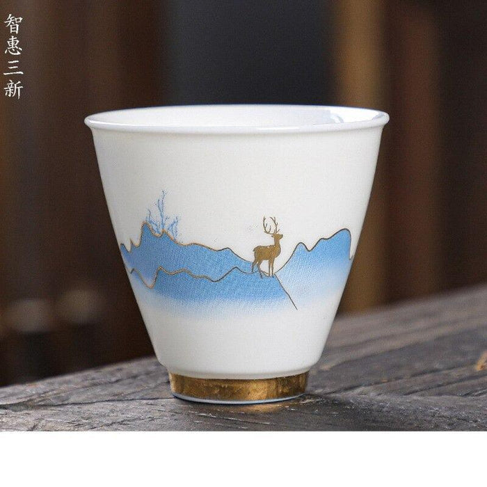Crane Elegance White Porcelain Tea Cup for Good Fortune