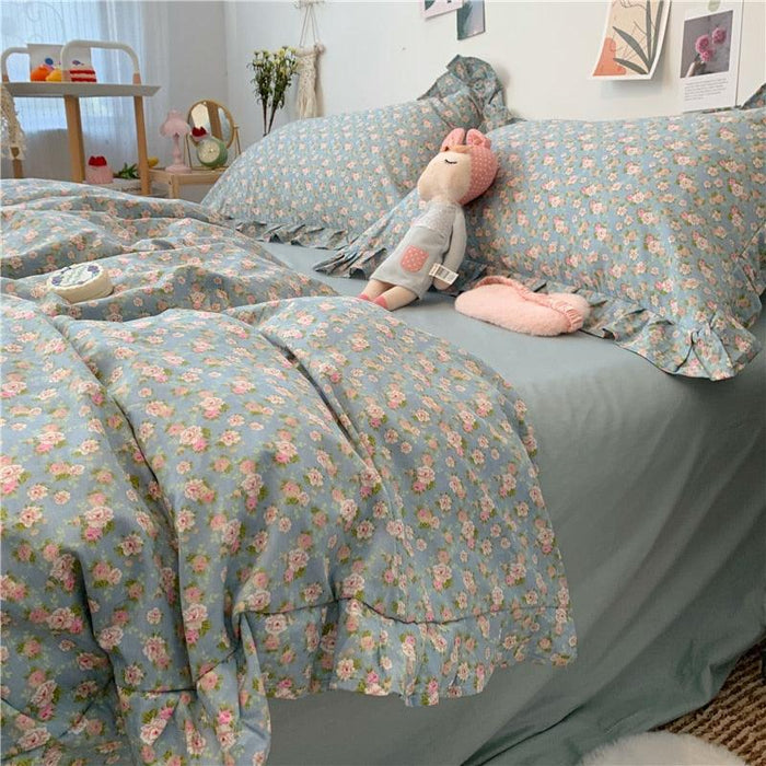 100% Cotton Floral Print Ruffle King Size Bedding Set for Tweens and Teens