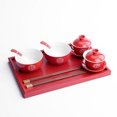 Elegant Red Ceramic Chinese Wedding Tea Ceremony Set - Exquisite Teapot and Teacups for Memorable Celebrations