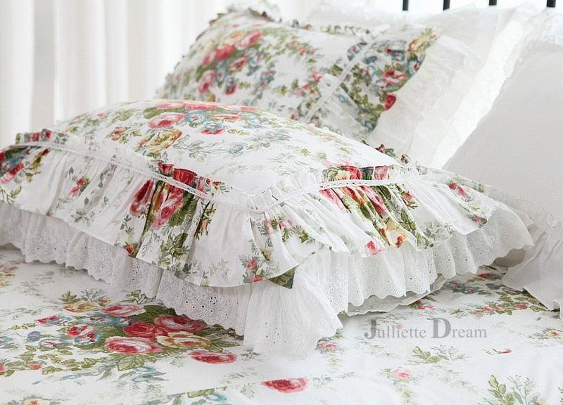 Elegant Ruffle Lace and Garden Flower Cotton Bedding Set - Custom Sizes Available