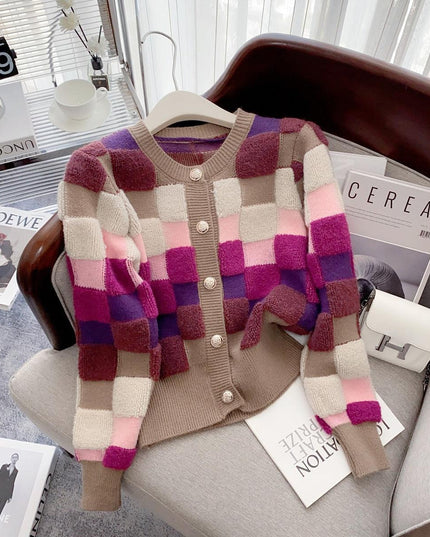 Chic Multicolor Plaid Knit Cardigan with O-neck | Cozy Winter Fashion Sweater