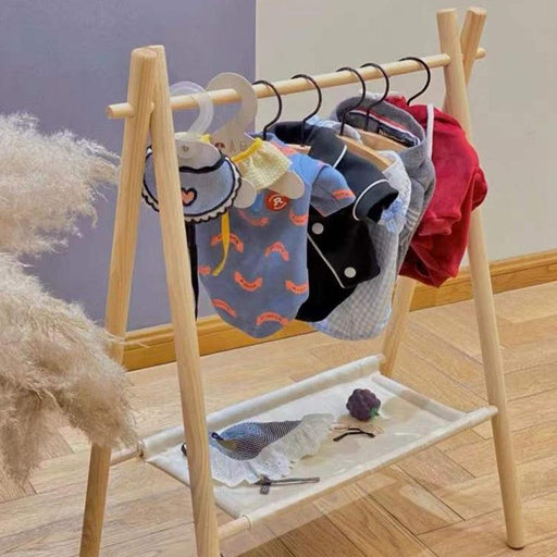 Pet Clothes Hanger Stand with Festive Wooden Design and Storage Solution