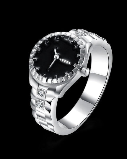 Radiant 925 Silver Crystal Timepiece Ring - A Statement of Class and Dazzling Charm