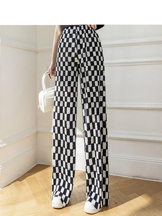 Chic Korean Street Style Black Checkerboard Plaid Wide-Leg Pants for Petite Women