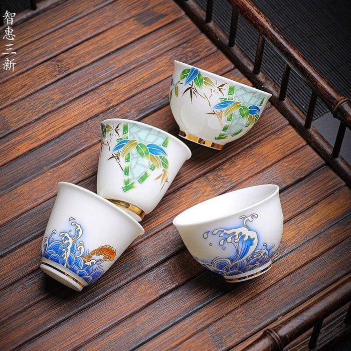 Crane Emblem White Porcelain Tea Cup - Symbolizing Longevity