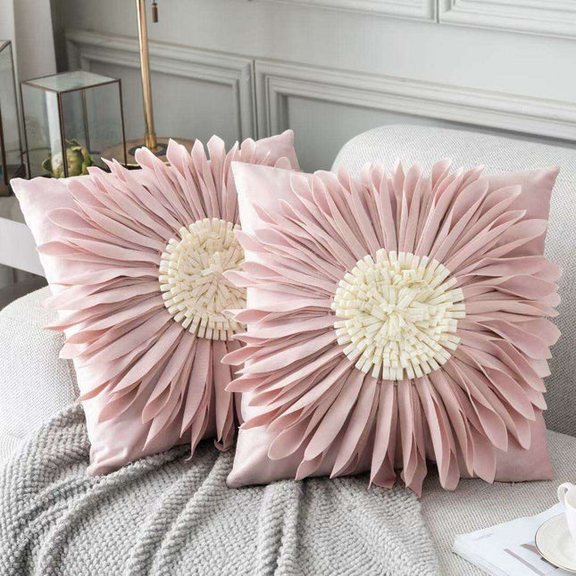Pink and White Floral Velvet Tufted Throw Pillow Set with Fringe Trimming