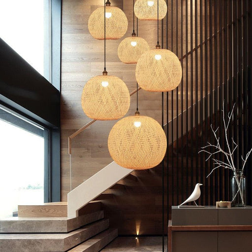 Chinese Style Chandelier Bamboo Woven Hanging Lamp Tea Room Lantern Zen Staircase Light High Livingroom Ball Beauty Salon Lamp-0-Très Elite-diameter 30cm-Très Elite