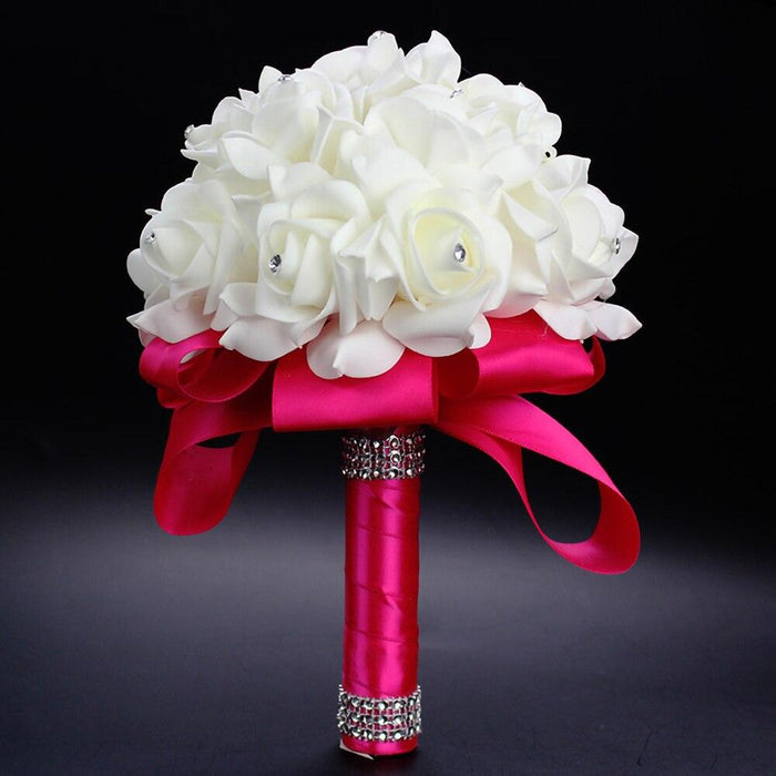 Roses and Rhinestones Wedding Bouquet with Silk Ribbon - Handcrafted PE Flowers Bouquet