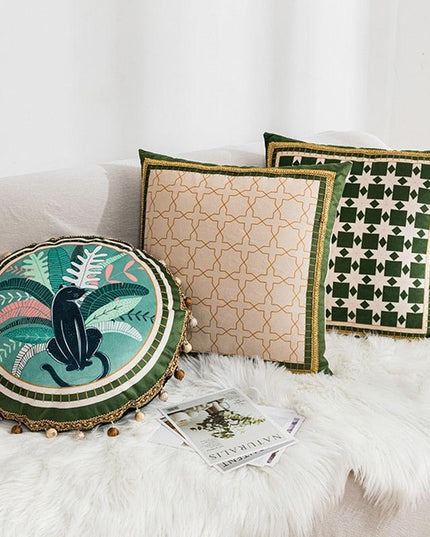 Reversible Velvet Cushion Cover with Lush Greenery and Moss Motif