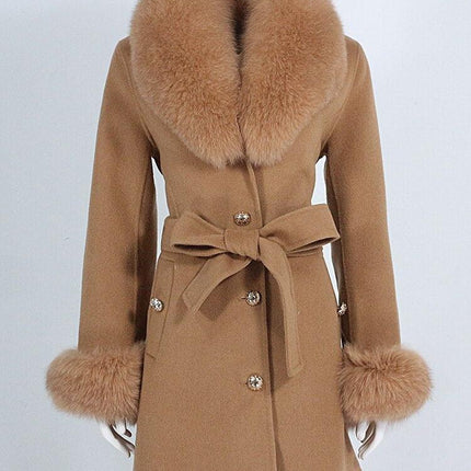 Luxurious Wool-Cashmere Coat with Fox Fur Accents