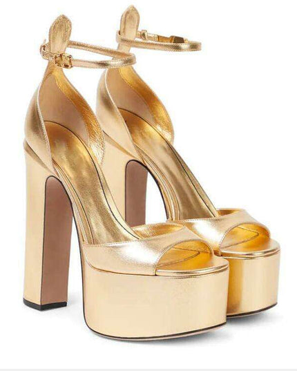 Sleek Patent Leather Chunky Heel Party Sandals - Women's Fashionable Peep Toe Pumps