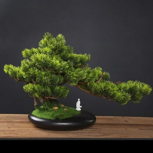 Luxurious Asian Ancient Zen Fortune Pine Potted Plant - Opulent Home Decor for Sophisticated Tastes