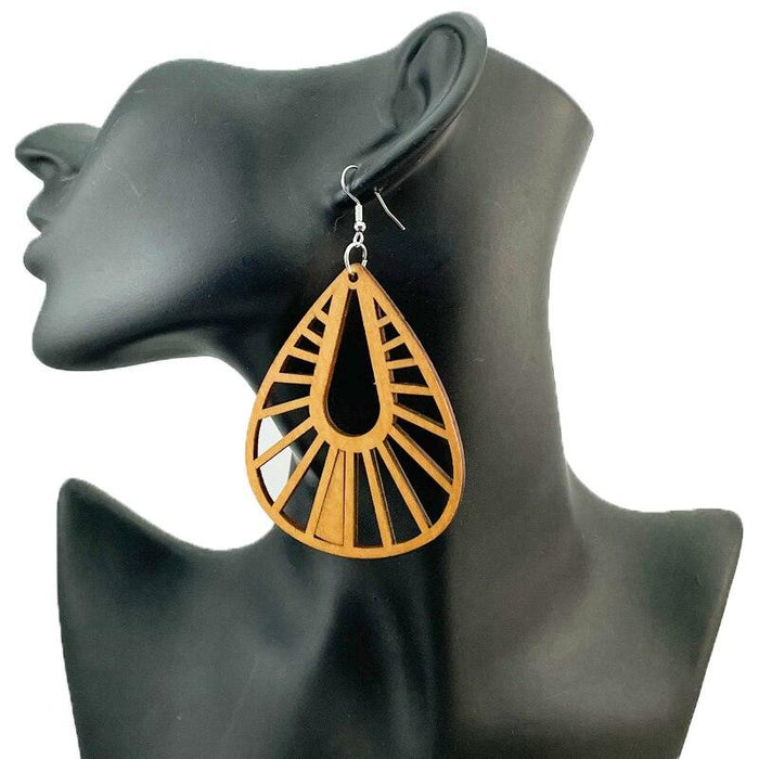 Artisan-Made Geometric Wood Dangle Earrings - Afro-Boho Ethnic Style Jewelry
