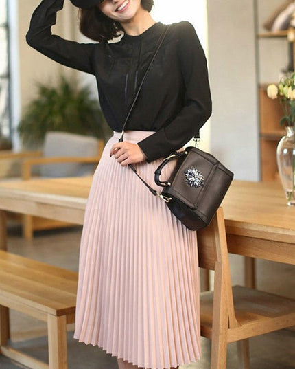 Trendy Black and Pink High-Waisted Pleated Skirt Inspired by Korean Fashion