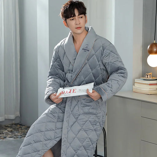 3-Layer Quilted Winter Bathrobe for Men - Soft Cotton Kimono Dressing Gown