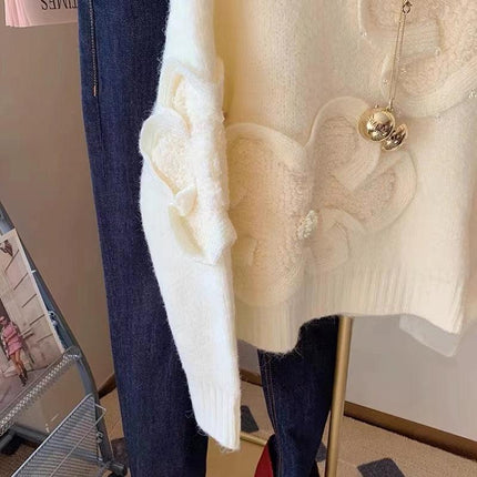 Floral Elegance Cozy Knit Pullover: Korean-Inspired Fashion for Autumn-Winter