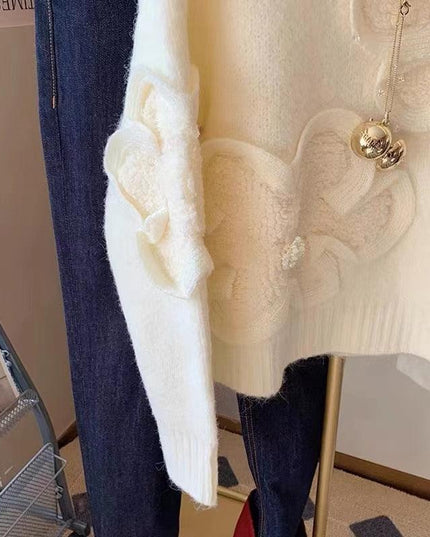 Floral Elegance Cozy Knit Pullover: Korean-Inspired Fashion for Autumn-Winter