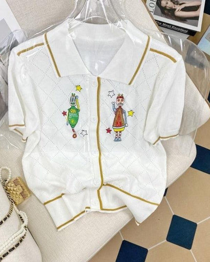 Whimsical Vintage Cartoon Knit Sweater with Embroidered Lapel