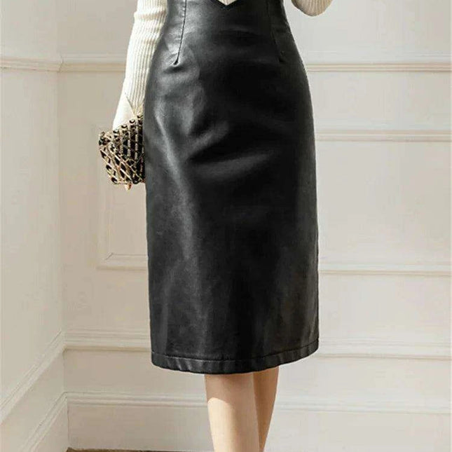 Chic High-Waisted Black Faux Leather Midi Skirt - Luxe Pencil Style