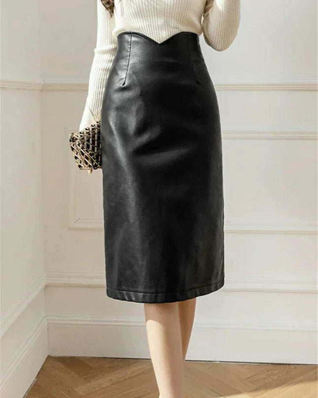 Chic High-Waisted Black Faux Leather Midi Skirt - Luxe Pencil Style