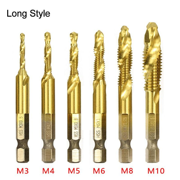 6-Piece Titanium-Coated Spiral Flute Tap Set for Precision Tapping and Chamfering